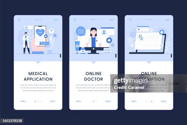 ilustrações de stock, clip art, desenhos animados e ícones de medical mobile app, online doctor, online prescription illustrations. user onboarding templates for mobile apps - cuidados de saúde primários