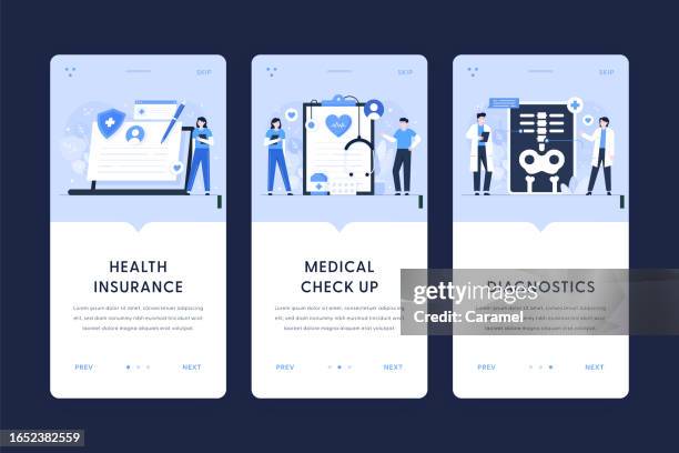 krankenversicherung, vorsorgeuntersuchung, diagnostik illustrationen. vorlagen für das benutzer-onboarding für mobile apps - antragsformular stock-grafiken, -clipart, -cartoons und -symbole