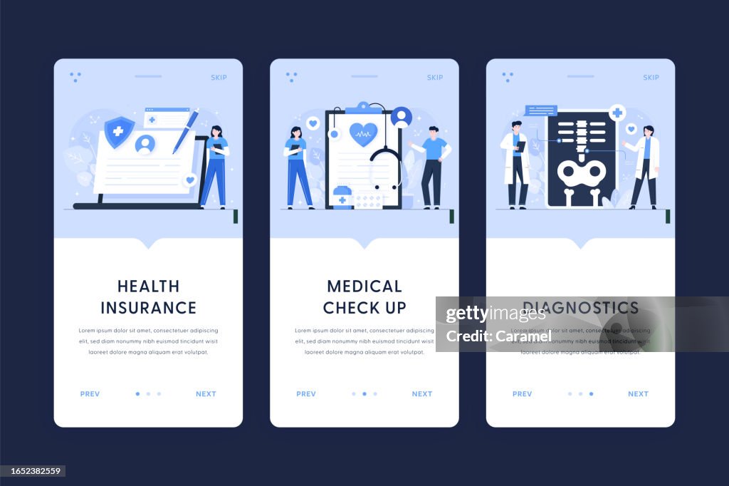 Seguro de salud, chequeo médico, ilustraciones de diagnóstico. Plantillas de incorporación de usuarios para aplicaciones móviles