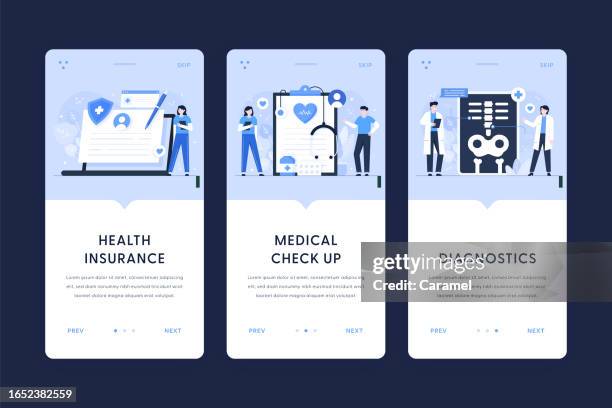 ilustrações de stock, clip art, desenhos animados e ícones de health insurance, medical checkup, diagnostics illustrations. user onboarding templates for mobile apps - seguro médico