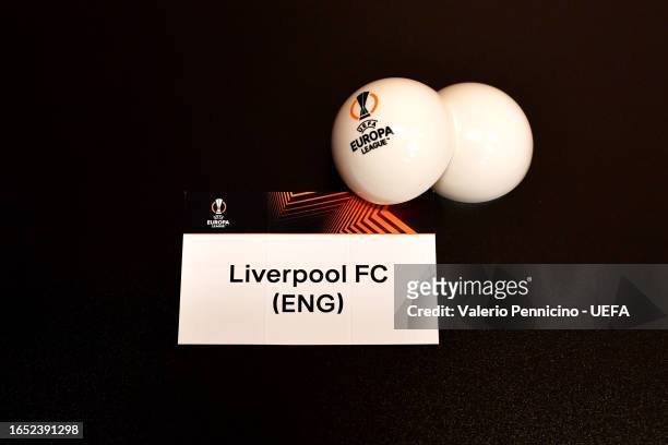 Detailed view of the draw card of Liverpool FC prior to the UEFA Europa League 2023/24 Group Stage Draw at Grimaldi Forum on September 01, 2023 in...