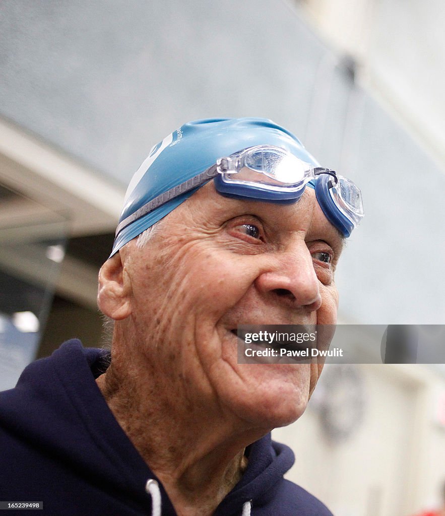 May 16, 2009 - 100-year-old Jaring Timmerman shares a laugh while waiting for his 100 meter short co