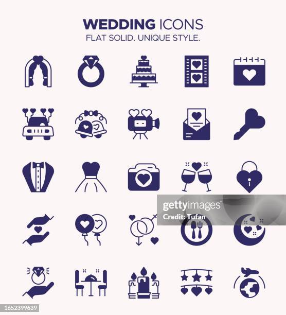 wedding icon set solid style - bride and groom, marriage, ceremony, rings, love, celebration symbols - sport venue stock illustrations