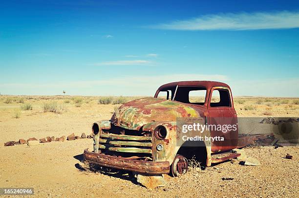 rusty old wreck abandoned in the namibia desert - truck and car accident stock pictures, royalty-free photos & images