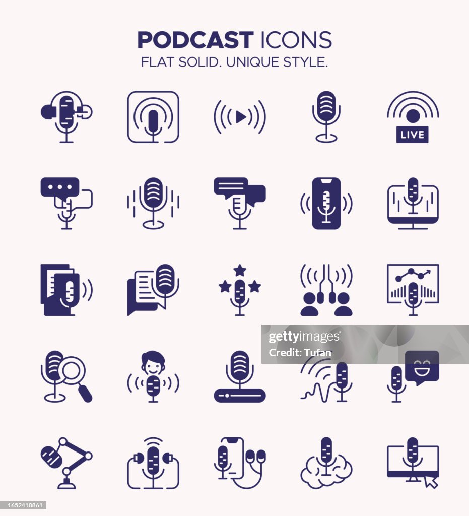 Podcast Icon Set Solid Style - Mikrofon, Kopfhörer, Schallwellen, Studioaufnahme, Rundfunk, Streaming