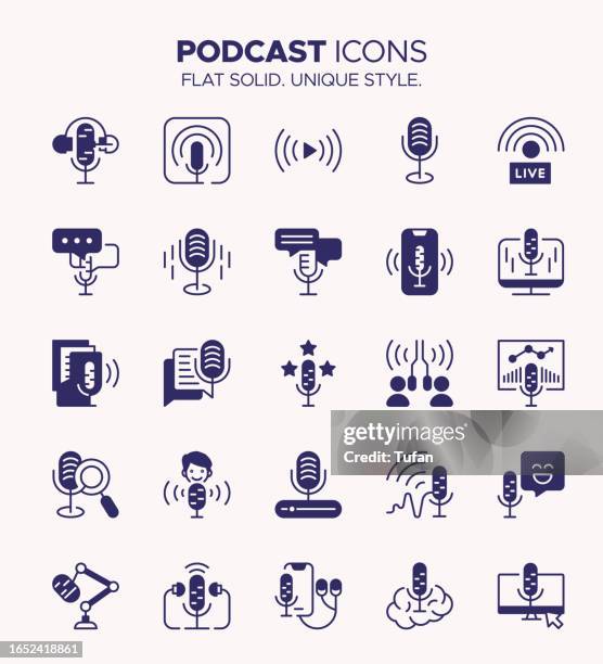 ilustraciones, imágenes clip art, dibujos animados e iconos de stock de conjunto de iconos de podcast estilo sólido: micrófono, auriculares, ondas de sonido, grabación de estudio, transmisión, transmisión - radio electrónica de audio