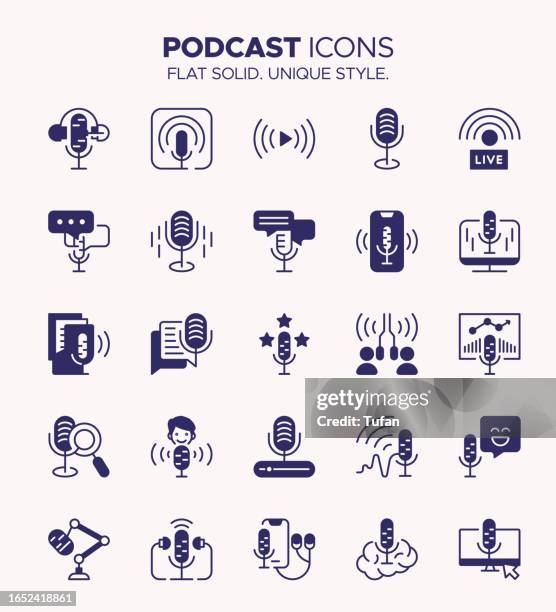 ilustrações, clipart, desenhos animados e ícones de podcast icon set solid style - microfone, fones de ouvido, ondas sonoras, gravação de estúdio, transmissão, streaming - trilha sonora