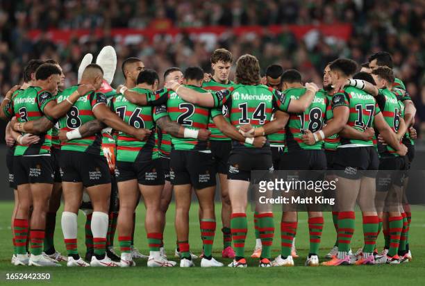 Player huddle as they remember the passing of Kyle Turner during the round 27 NRL match between South Sydney Rabbitohs and Sydney Roosters at Accor...