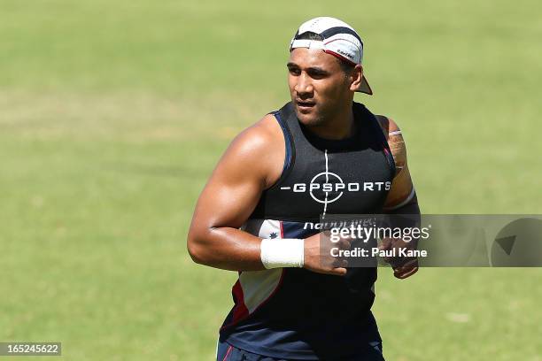 Cooper Vuna of the Rebels looks on during a Melbourne Rebels training session at Associates on April 2, 2013 in Perth, Australia.