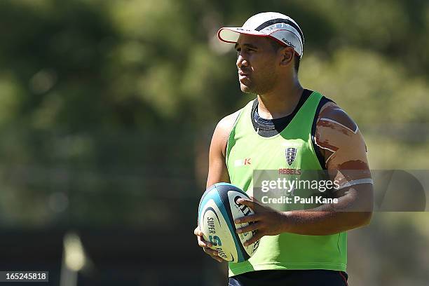 Cooper Vuna of the Rebels looks on during a Melbourne Rebels training session at Associates on April 2, 2013 in Perth, Australia.