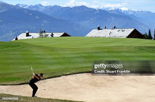 Rasmus Hojgaard of Denmark plays his shot from the bunker on the 7th hole during Day Two of the Omega European Masters at Crans-sur-Sierre Golf Club...