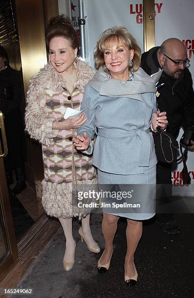 Gossip Columnist Cindy Adams and broadcast journalist Barbara Walters attend the "Lucky Guy" Broadway Opening Night - Arrivals & Curtain Call at The...