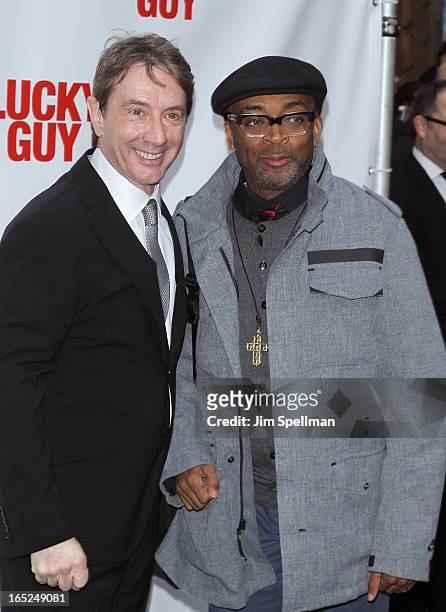 Actor Martin Short and director Spike Lee attend the "Lucky Guy" Broadway Opening Night - Arrivals & Curtain Call at The Broadhurst Theatre on April...