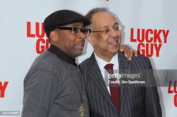 Director Spike Lee and George C. Wolfe attend the "Lucky Guy" Broadway Opening Night - Arrivals & Curtain Call at The Broadhurst Theatre on April 1,...