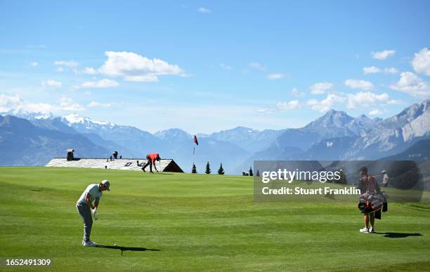 Matthew Fitzpatrick of England plays his shot on the 7th hole during Day Two of the Omega European Masters at Crans-sur-Sierre Golf Club on September...