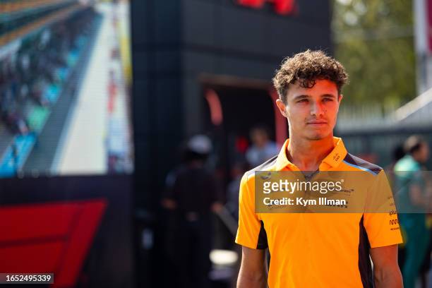 Lando Norris of Great Britain and McLaren F1 in the paddock during practice ahead of the F1 Grand Prix of Italy at Autodromo Nazionale Monza on...