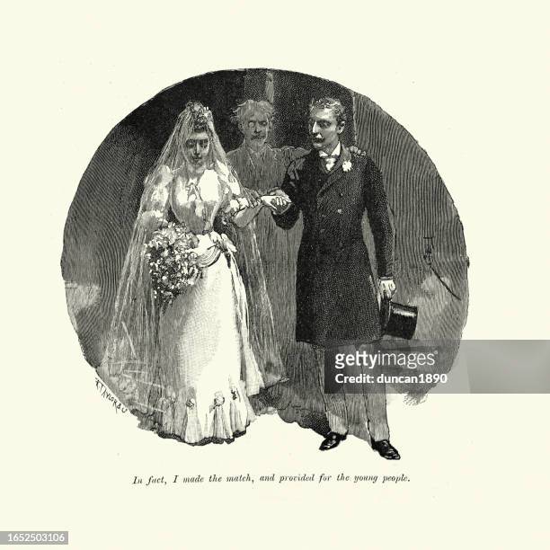 ilustrações, clipart, desenhos animados e ícones de noiva e noivo com uma figura fantasmagórica em pé behinfd eles, assombração, spooky victorian, 1891, século 19 - 1890s dresses