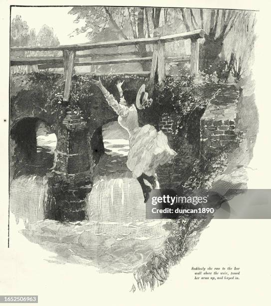 young woman throwing herself into a river, victorian suicide, 19th century - down memory lane stock illustrations