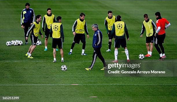 Head coach Jose Mourinho conducts a training session ahead of the UEFA Champions League Quarterfinal match between Real Madrid and Galatasaray AS at...