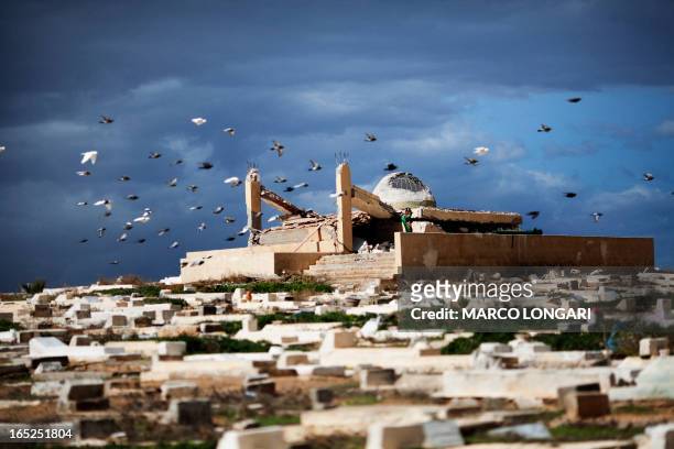 Birds fly above the destroyed Sidi al-Hamed shrine in the Gargaresh district of the Libyan capital Tripoli on October 10, 2011. A string of attacks...