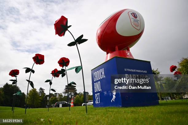 Giant rugby ball is displayed near Stade Ferdinand Petit marking the England team base on September 01, 2023 in Le Touquet-Paris-Plage, France....