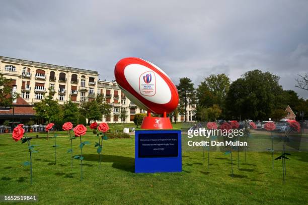 Giant rugby ball is displayed near Stade Ferdinand Petit marking the England team base on September 01, 2023 in Le Touquet-Paris-Plage, France....