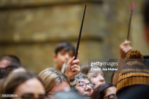 Wand is raised above the crowds during Back To Hogwarts Day 2023 on September 01, 2023 in London, England.