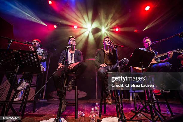 Actors / singers Carlos Pena, Jr., Logan Henderson, James Maslow and Kendall Schmidt of Big Time Rush perform at the Big Time Rush press conference...