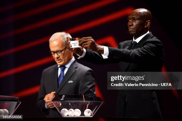 Special Guest, Stephane Mbia draws Liverpool during the UEFA Europa League 2023/24 Group Stage Draw at Grimaldi Forum on September 01, 2023 in...