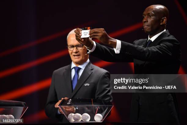 Special Guest, Stephane Mbia draws AFC Ajax during the UEFA Europa League 2023/24 Group Stage Draw at Grimaldi Forum on September 01, 2023 in Monaco,...