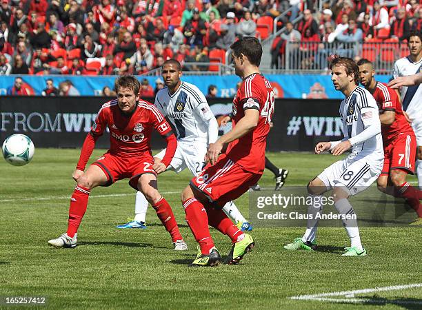 Terry Dunfield of Toronto FC waits for the ball in an MLS game against the LA Galaxy on March 30, 2013 at BMO field in Toronto, Ontario, Canada. The...