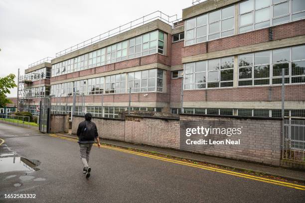 In this general view, classroom buildings are seen as repair work continues at Hornsey School for Girls on September 01, 2023 in London, England. The...