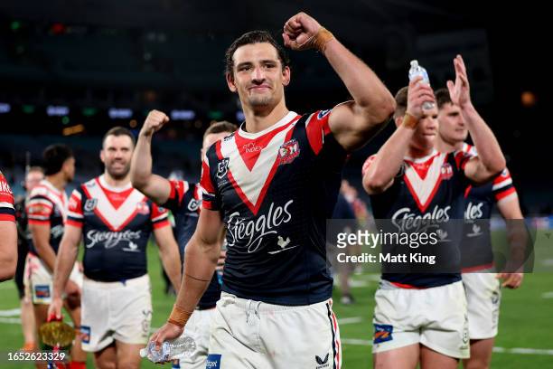 Billy Smith of the Roosters celebrates victory after the round 27 NRL match between South Sydney Rabbitohs and Sydney Roosters at Accor Stadium on...