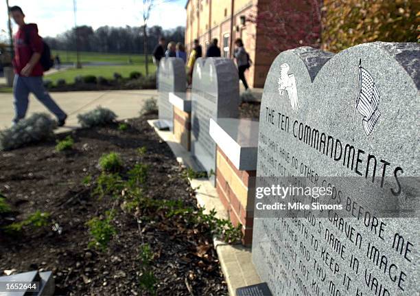 Depiction of the Ten Commandments is shown outside of Peebles High School November 20,2002 in Peebles, Ohio. A federal Appeals Court has ordered the...