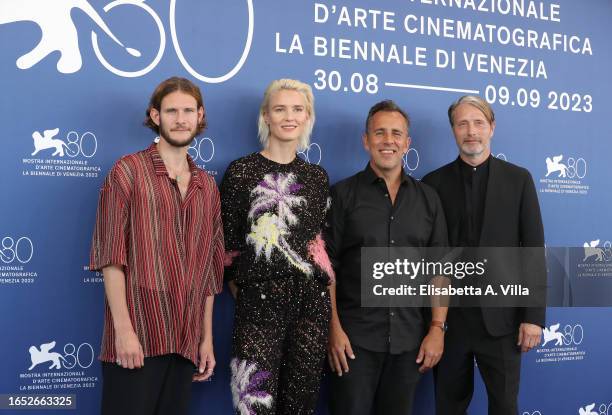 Simon Bennebjerg, Amanda Collin, director Nikolaj Arcel and Mads Mikkelsen attend a photocall for the movie "Bastarden " at the 80th Venice...