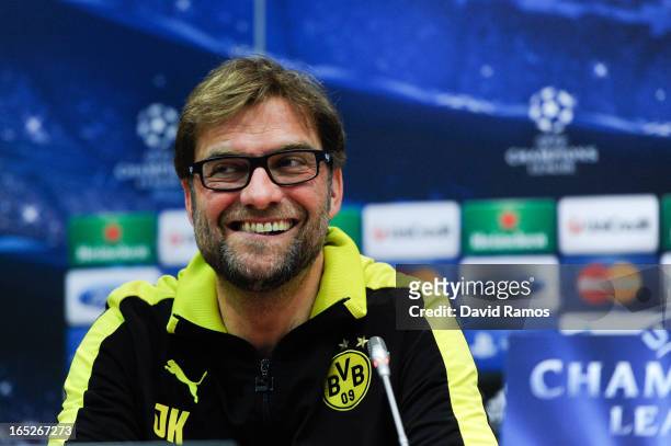 Coach Jurgen Klopp of Borussia Dortmund faces the media during a press conference ahead of the UEFA Champions League quarter-final first leg match...