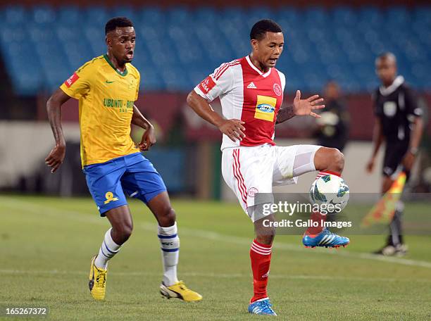 Jabulani Shongwe and Granweld Scott during the Absa Premiership match between Mamelodi Sundowns and Ajax Cape Town at Loftus Stadium on April 02,...