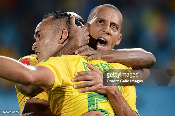 Eleazer Rodgers and Wayne Arendse celebrate a goal during the Absa Premiership match between Mamelodi Sundowns and Ajax Cape Town at Loftus Stadium...