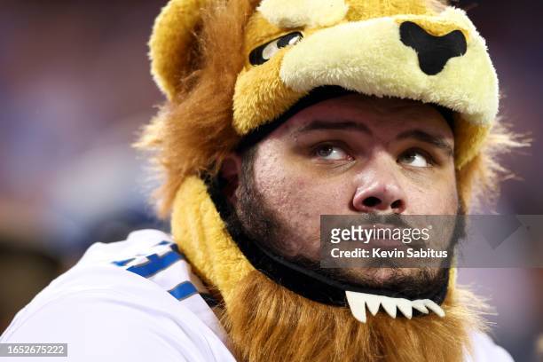 Detroit Lions fan wears a lion hat in the stands during the third quarter of an NFL football game between the Kansas City Chiefs and the Detroit...