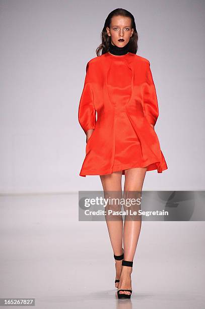 Model walks the runway at the Fyodor Golan show during Mercedes-Benz Fashion Week Russia Fall/Winter 2013/2014 at Manege on April 2, 2013 in Moscow,...