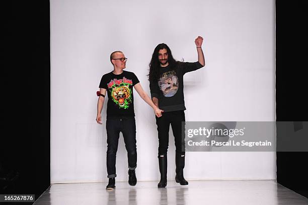 Designers Fiodor Podgorny et Golan Friedman walk the runway at the Fyodor Golan show during Mercedes-Benz Fashion Week Russia Fall/Winter 2013/2014...