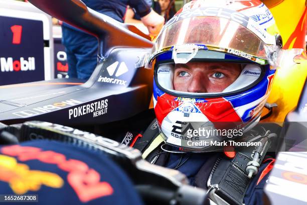 Max Verstappen of the Netherlands and Oracle Red Bull Racing prepares to drive in the garage during practice ahead of the F1 Grand Prix of Italy at...