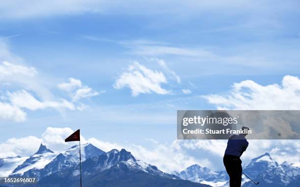 Edoardo Mollinari of Italy chips on the 7th hole during Day Two of the Omega European Masters at Crans-sur-Sierre Golf Club on September 01, 2023 in...