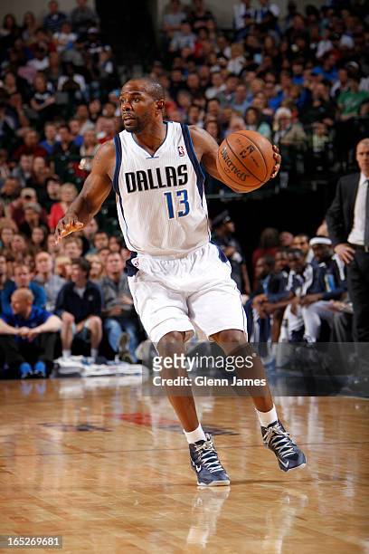 Mike James of the Dallas Mavericks looks to drive to the basket against the Chicago Bulls on March 30, 2013 at the American Airlines Center in...