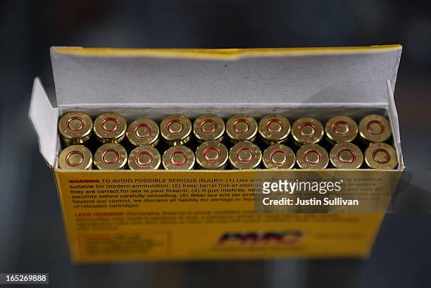 Box of .223 rifle ammuntion sits on the counter at Sportsmans Arms on April 2, 2013 in Petaluma, California. In the wake of the Newtown, Connecticut...