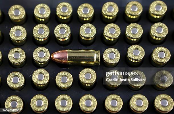 Nine millimeter bullets sit on the counter at Sportsmans Arms on April 2, 2013 in Petaluma, California. In the wake of the Newtown, Connecticut...