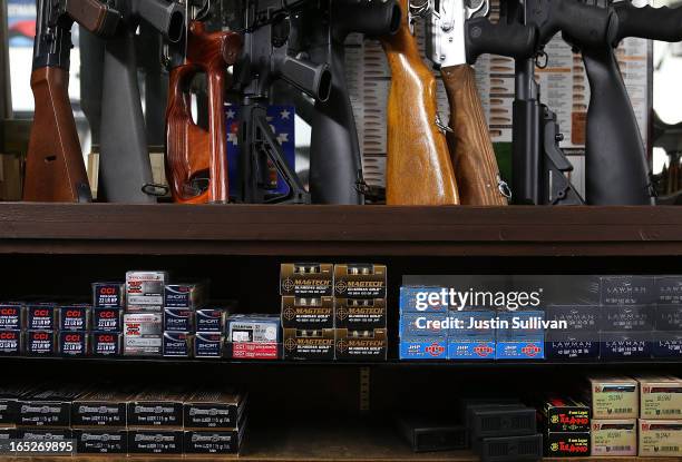 Boxes of ammunition sit on the shelf at Sportsmans Arms on April 2, 2013 in Petaluma, California. In the wake of the Newtown, Connecticut school...