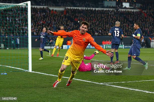 Lionel Messi of Barcelona celebrates scoring the opening goal during the UEFA Champions League Quarter Final match between Paris Saint-Germain and...