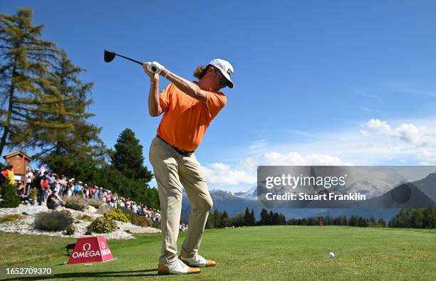 Miguel Angel Jimenez of Spain tees off on the 7th hole during Day Two of the Omega European Masters at Crans-sur-Sierre Golf Club on September 01,...