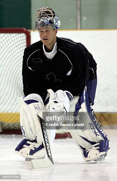 Maple Leafs new acquisition, goaltender Vesa Toskala, took to the ice for the first time with Leafs goalie coach Steve McKichan and Strathroy,...